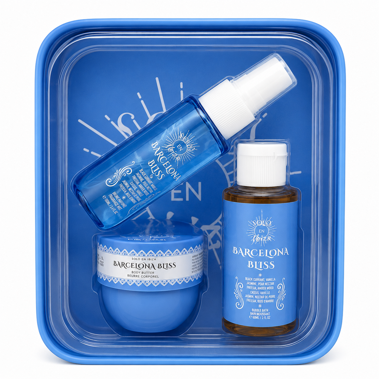 Solo En Ibiza Barcelona Bliss Set de regalo de 4 piezas, manteca corporal, bruma y baño de burbujas