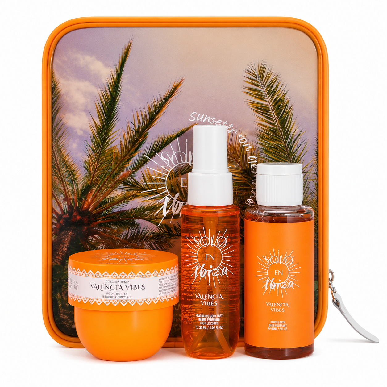 Solo En Ibiza Valencia Vibes Set de regalo de 4 piezas, manteca corporal, bruma y baño de burbujas