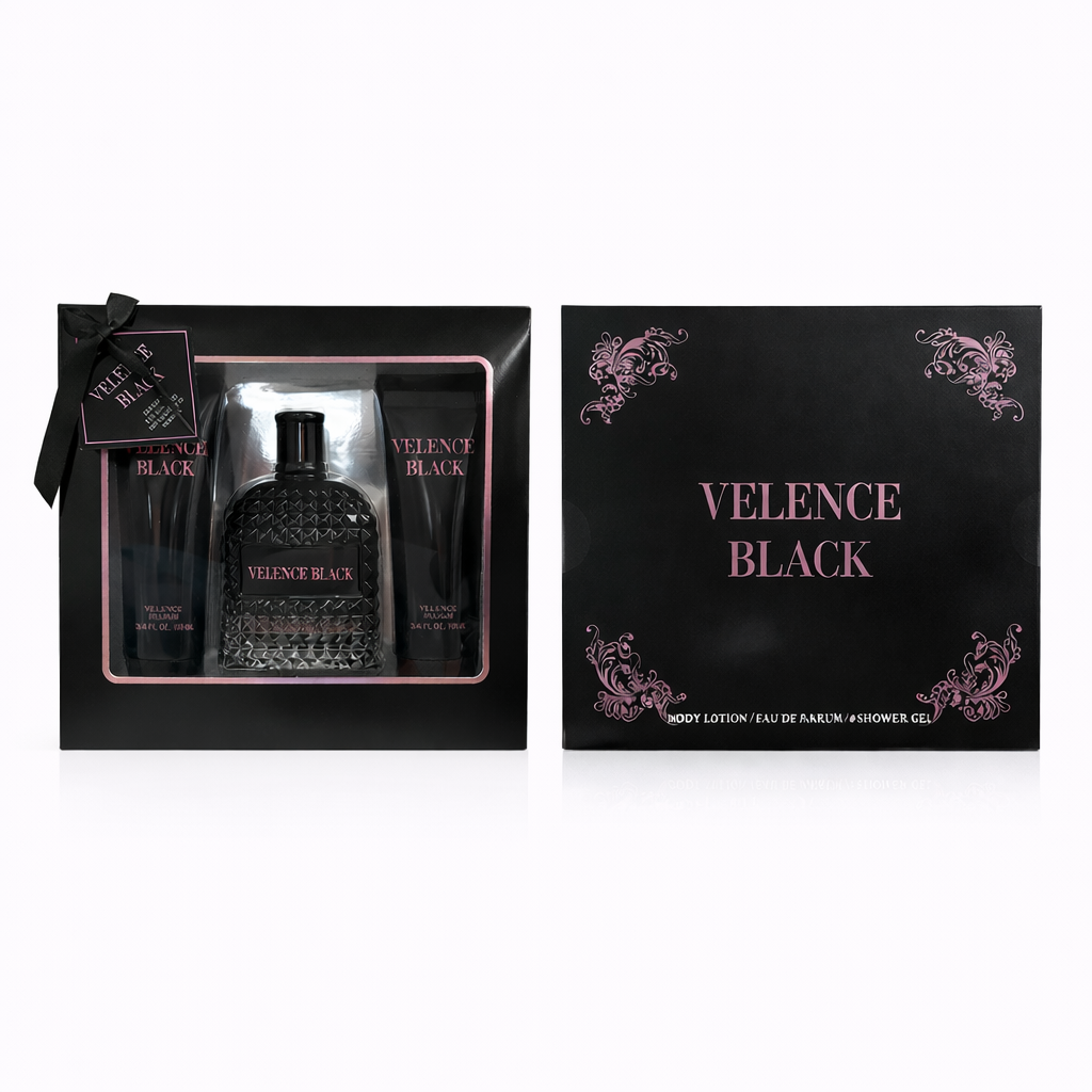 Estuche de regalo Velence Black 🖤 de 3 piezas: Eau de Parfum, Gel de ducha y Loción