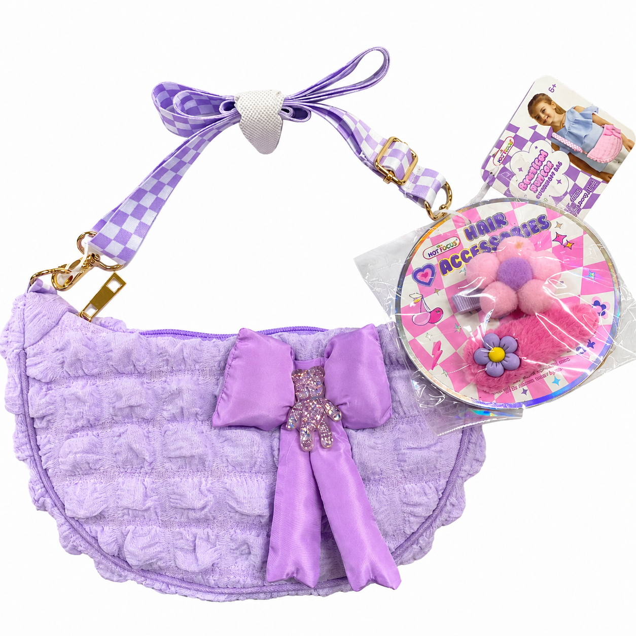 Girls' Lavender Plush Purse with Matching Hair Accessories Gift Set