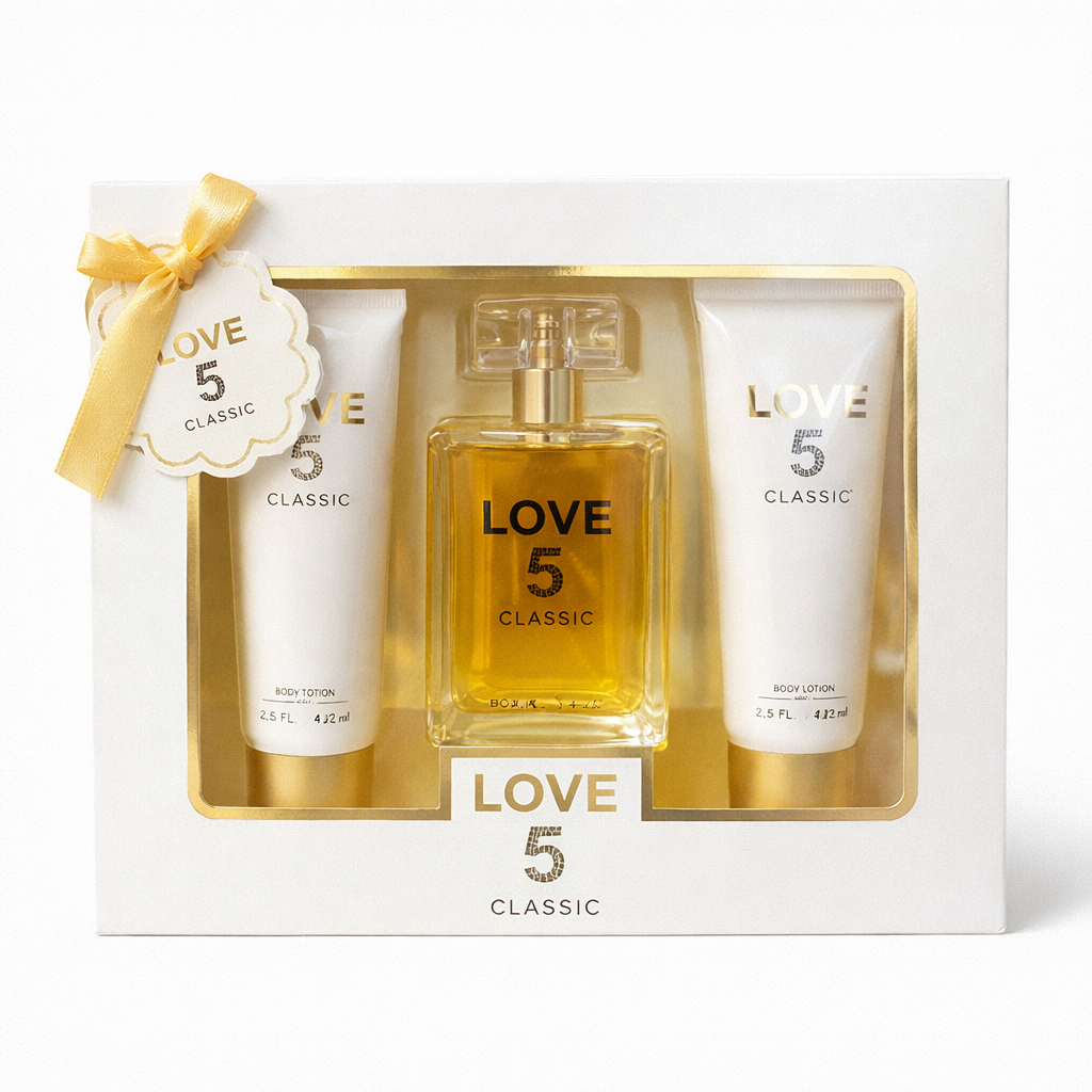 Love 5 💘 Estuche de regalo de 3 piezas: Eau de Parfum, Gel de Ducha y Loción