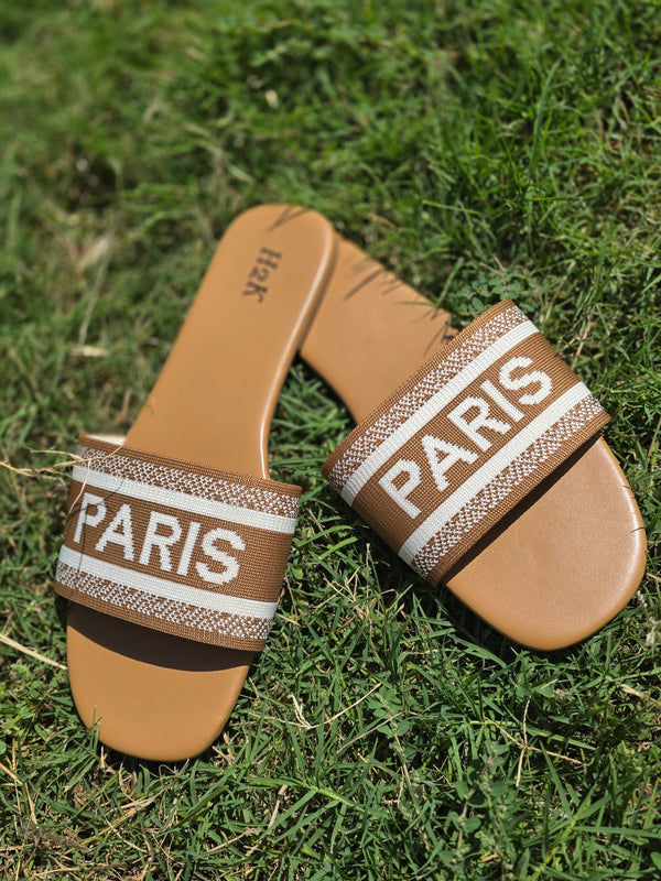 PARIS Flat Slide Sandals BROWN