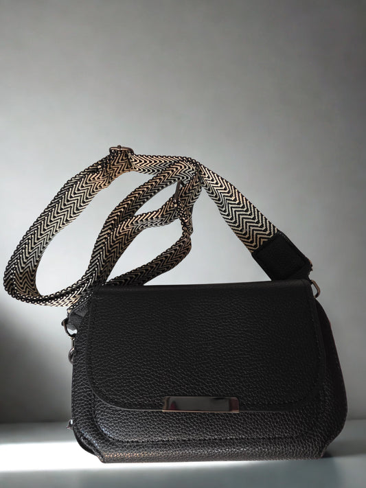 Black Crossbody Bag with Patterned Strap