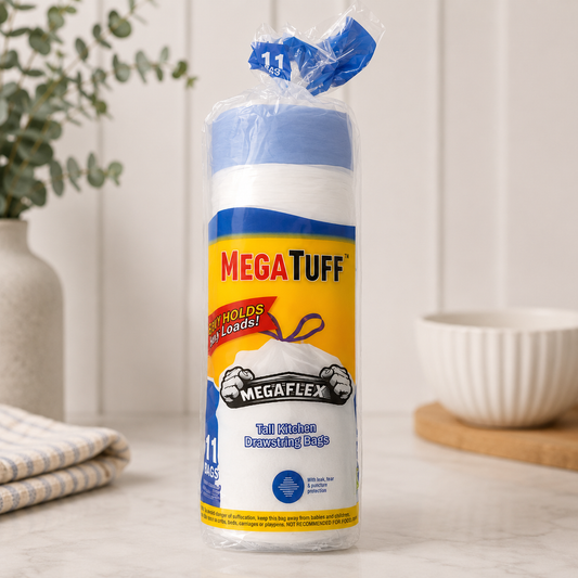 MegaTuff MegaFlex Tall Kitchen Drawstring Trash Bags – 11 Count