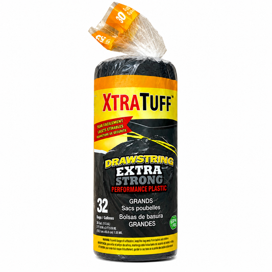 XTRATUFF Extra Strong Drawstring Trash Bags – 30 Gallon (32 Bags per Roll)