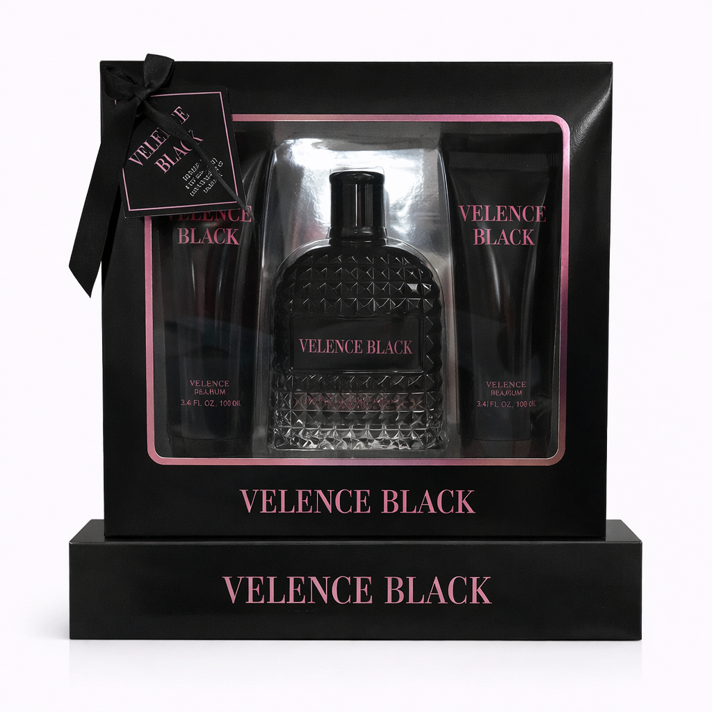 Estuche de regalo Velence Black 🖤 de 3 piezas: Eau de Parfum, Gel de ducha y Loción