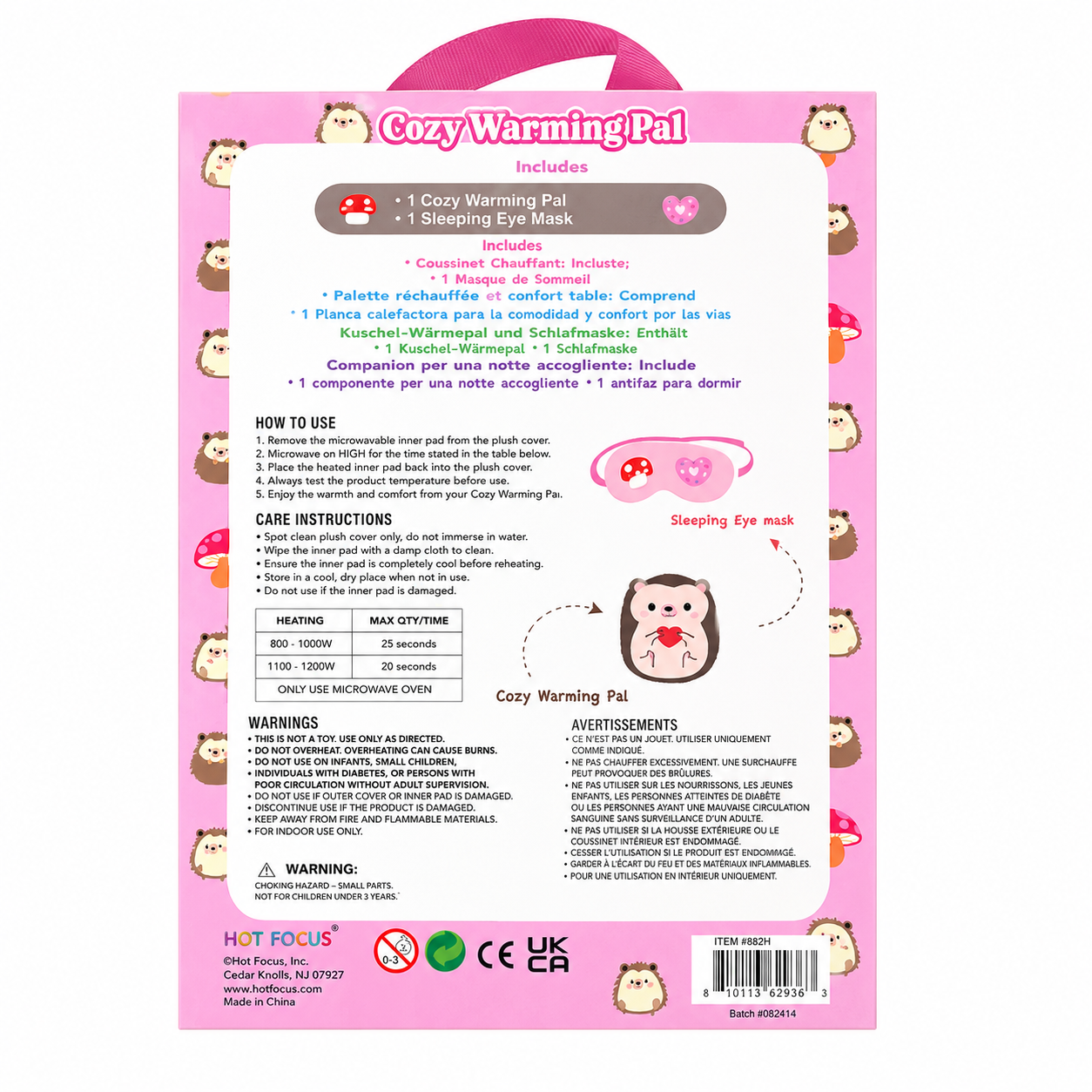 Hot Focus Cozy Warming Pal Gift Set with Microwavable Plush & Sleep Mask – Hedgehog