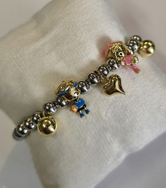 🐻 Cute Couple Charm Bracelet – Silver &amp; Gold Beads