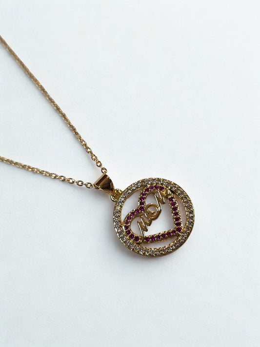 💖 "MOM" Heart Circle Necklace – Pink & Crystal Accents